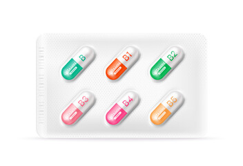 Capsule vitamin B serum with chemical formula. Beauty health care. Pills antibiotics isolated on white background. Healthcare medical pharmaceutical concepts. 3D Packaging for drugs pack. Vector.