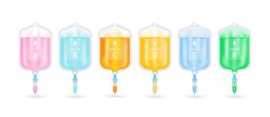 Serum collagen vitamin inside saline bag. Injection of IV drip vitamin and minerals therapy for health and skin. Medical aesthetic concept. Saline bag set. On white background 3D vector EPS10.