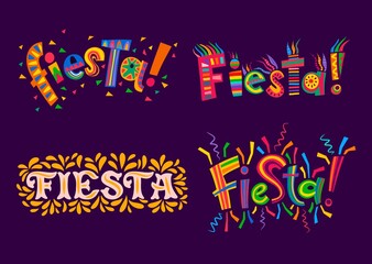 Fototapeta na wymiar Fiesta party Mexican, Spanish and Latin holiday carnival. Vector bright color festive lettering with latino ornaments of ethnic geometric pattern and colorful leaves motif, confetti, gold foliage