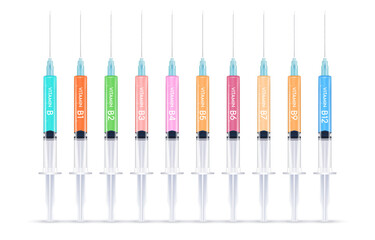 Serum collagen vitamin B in a syringe and saline, Injection of vitamin drip therapy for health and skin. Medical aesthetic concept. Syringe set. On white background 3D vector illustration. - obrazy, fototapety, plakaty