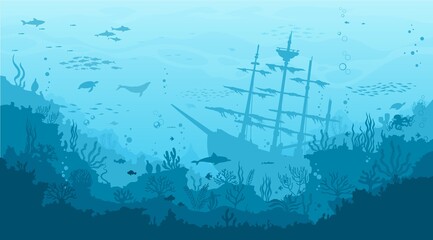 Ocean underwater landscape with sunken sailing ship, seaweed and reef. Deep sea world, seabed landscape vector background with undersea life. Seafloor aquatic scene with pirate caravel silhouette © Vector Tradition