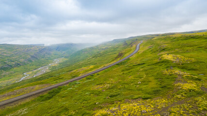 Summertime Aerial view of landscape on the road in Iceland, west fjords in Iceland