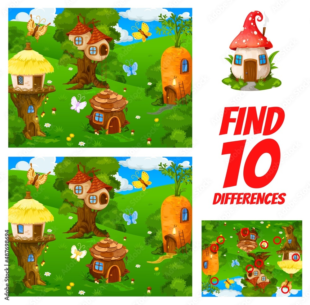 Poster find ten differences in cartoon fairy gnome village kids quiz worksheet. kindergarten child educatio