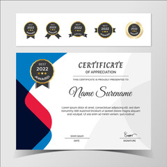 Premium certificate of achievement template, red and blue color.