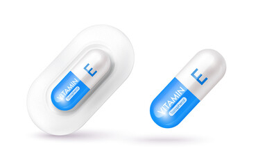 Blue vitamin E medicine capsule. Dietary supplement health neutralize free radicals. With chemical formula. Anti aging beauty enhancement concept and health care medical. 3D vector EPS10.