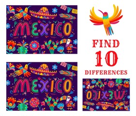 Find differences game worksheet with mexican birds, flowers and national ornament, text. Children logical riddle with find differences task, kids game test vector worksheet with mexico culture symbols