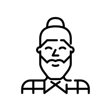 Good looking young hipster man with a bun and a beard wearing a shirt. Pixel perfect, editable stroke icon