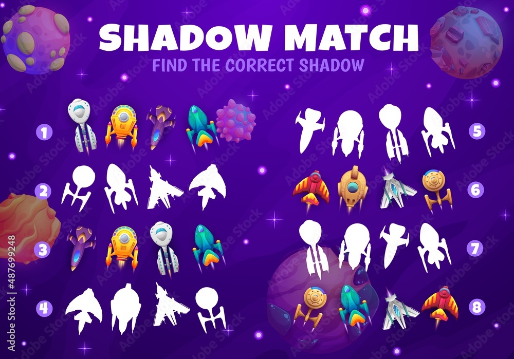 Poster cartoon starships, spaceships and starcraft in galaxy on shadow match game worksheet. kids riddle or