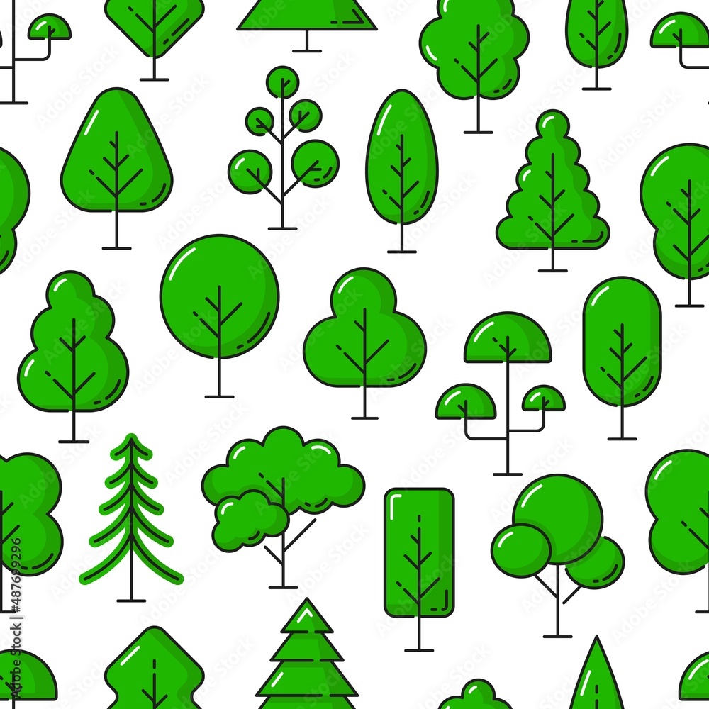 Poster forest, garden and park green trees vector seamless pattern. outline plants background with oak, map