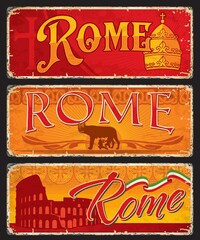 Italian Rome city travel stickers and plates. Italian capital city grunge banners or tin signs, travel plates with golden papal tiara and Christian cross, Coliseum building and Capitoline Wolf - obrazy, fototapety, plakaty