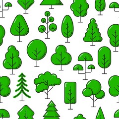 Forest, garden and park green trees vector seamless pattern. Outline plants background with oak, maple, elm and chestnut, birch, ash and spruce, nature backdrop with coniferous and deciduous trees