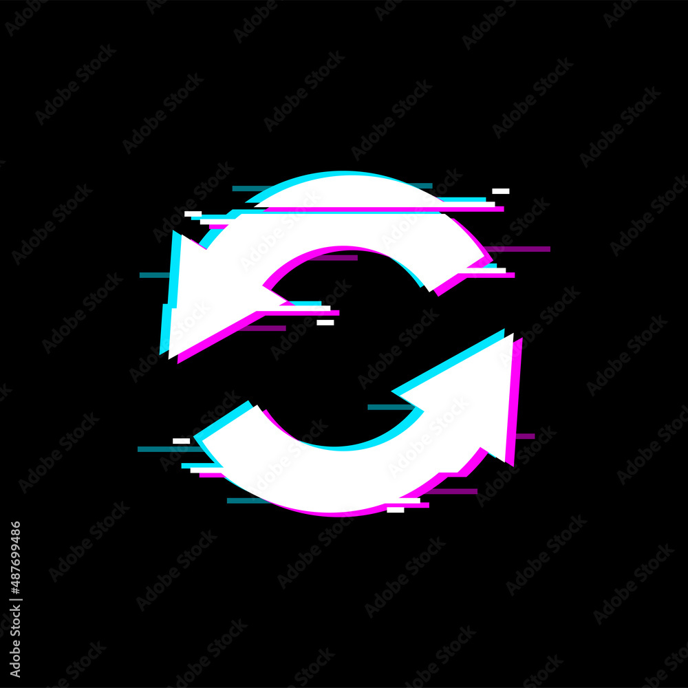 Poster Refresh or reload button with glitch effect isolated rotating arrows in circle. Vector loading sign, restart emblem on computer display. Bug mistake on screen, ui game panel interface, noise effect