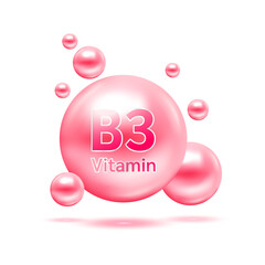 Pink electron for vitamin B3 and minerals complex. Glossy vitamins pills capsules. Pill, Healthy food supplement. Medical scientific and healthcare concept. Isolated on white background 3D Vector.