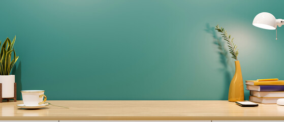 Home office workspace with office supplies and copy space on wooden table