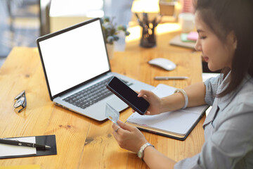 A female typing her credit card number on her mobile internet banking