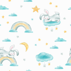 Seamless pattern with sleeping baby bunny rabbit and clouds, rainbows, stars. Illustration.