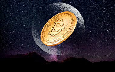 Gold coin Bitcoin levitates on a black background.3d rendering