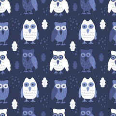 vector seamless pattern in flat style with various cute owls. children's pattern for printing on fabric, clothing, wrapping paper, wallpaper.