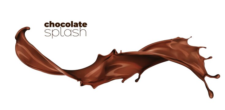 Long chocolate milk wave flow splash. Dessert drink stream splash with splatters. Flying melted liquid chocolate whirl drops realistic 3d vector frozen motion. Cocoa syrup spill splatters or ripple