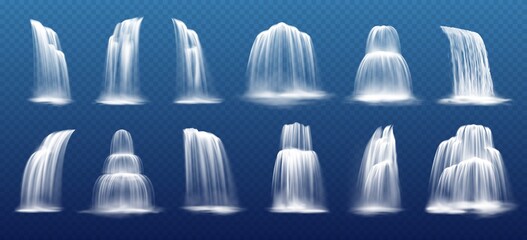 Realistic waterfall cascades, water fall streams vector set. Pure liquid squirts with fog. River, fountain elements for natural design or landscaping. 3d falling waterfall, isolated streaming jets - obrazy, fototapety, plakaty