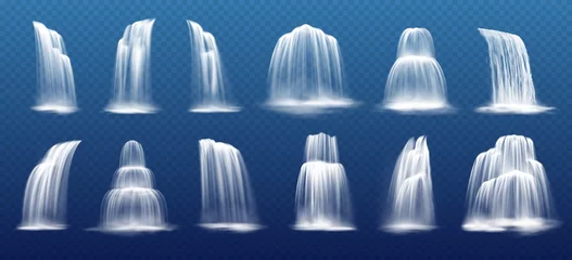 Tuinposter Realistic waterfall cascades, water fall streams vector set. Pure liquid squirts with fog. River, fountain elements for natural design or landscaping. 3d falling waterfall, isolated streaming jets © Vector Tradition
