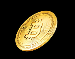 Gold coin Bitcoin levitates on a black background.3d rendering