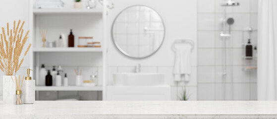 A copy space on white marble bathroom tabletop. 3d rendering - obrazy, fototapety, plakaty
