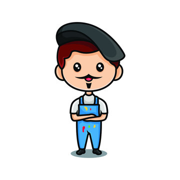 Cute little artist boy in a black beret and denim overalls. Vector illustration of a character in a cartoon childish style. Isolated funny man clipart on white background. Cute artist print