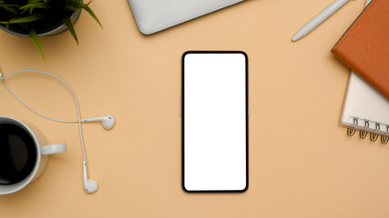 A mobile phone white screen mockup on beige background.