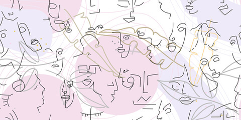One line drawing. Abstract face seamless pattern.