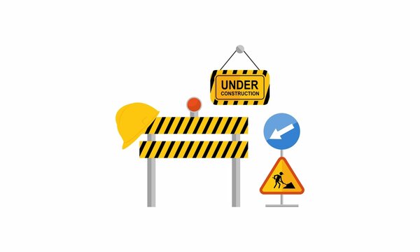 Under construction boardswarning icon and stop signs. Road barriers logo