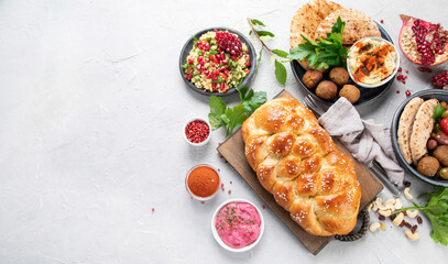 Jewish food on light background.
