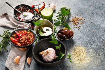 Food on dark background.