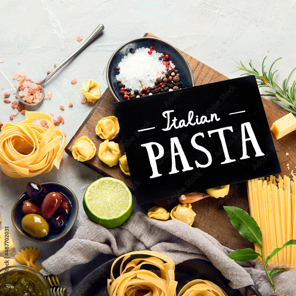 Canvas Prints italian pasta assortment on light background.