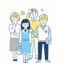 4人家族　困った表情　全身