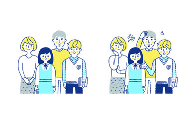 4人家族　笑顔と困った表情　上半身