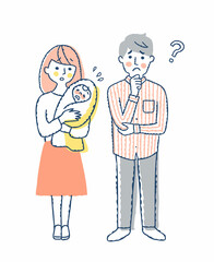 夫婦と赤ちゃん　笑顔と困った表情　全身