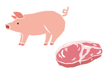 豚と豚肉　レトロなベクターイラスト