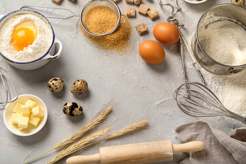 Cooking ingredients on light background.