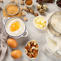 Cooking ingredients on light background.