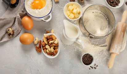 Cooking ingredients on light background.
