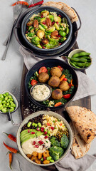 Vegan dishes assortment on light background.