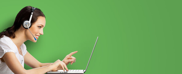 Call center. Profile side image of customer support advertiser sale operator in headset. Pointing...