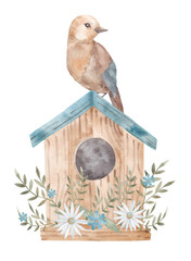 Spring illustration with flowers and bird on birdhouse isolated on white background. Wildlife scene for design, print, fabric. easter template
