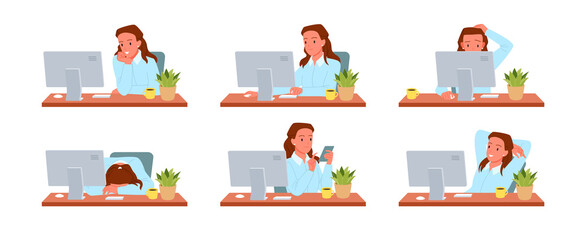 Wide set of female office worker at the desktop computer in diverse working poses. Completion of administrative daily duties, secretary reception, tired and exhausted employee flat vector illustration