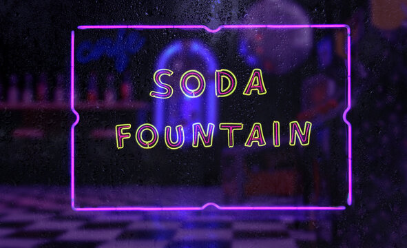 Soda Fountain Neon Sign in Rainy Window
