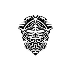 Tribal mask. Monochrome ethnic patterns. Black tattoo in Maori style. Isolated on white background. Hand drawn vector illustration.