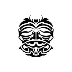 Tribal mask. Monochrome ethnic patterns. Black tattoo in samoan style. Isolated on white background. Hand drawn vector illustration.
