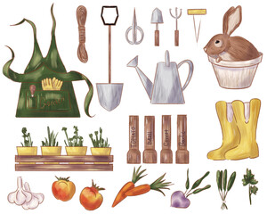 Gardener Equipment Set of tools and forest bunny. Farm collection farming set illustration isolated on white background. Gardening and farming poster design, elements for patterns, textile, etc © Lexivly