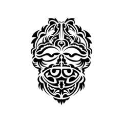 Tribal mask. Traditional totem symbol. Black tattoo in Maori style. Black and white color, flat style. Hand drawn vector illustration.